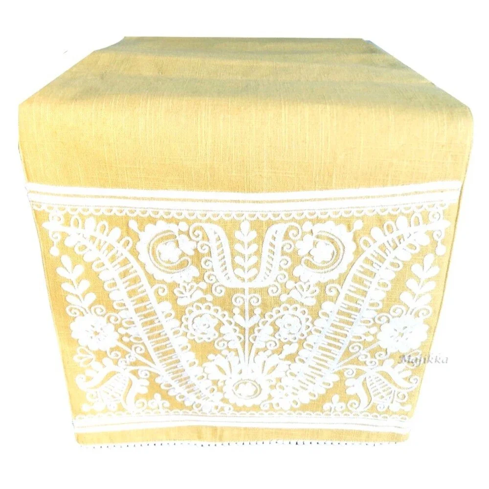 Nordic Folk Collection Embroidered Table Runner Yellow White 100% Cotton 72x14